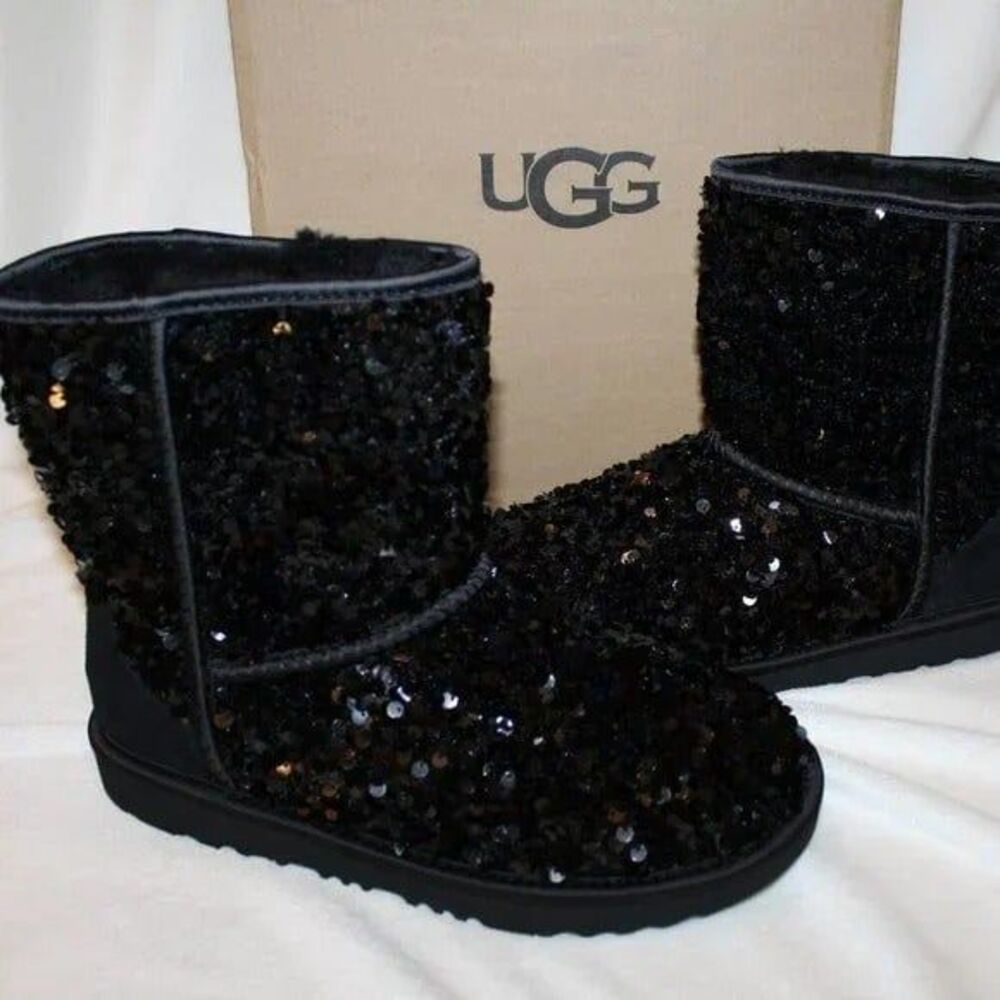 NIB UGG YOUTH 5 WOMEN'S 7 STELLAR SEQUIN CLASSIC SHORT BOOTS BLACK